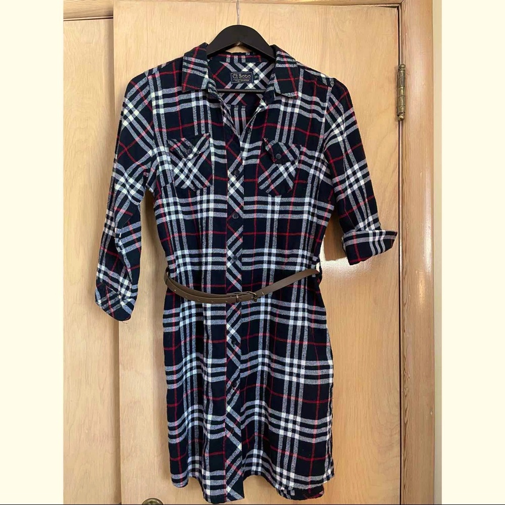 Flannel shirt dress with belt